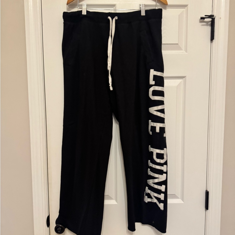 PINK Victoria's Secret Black  Fleece Sweatpants Wide Legs Drawstring Size L Y2K